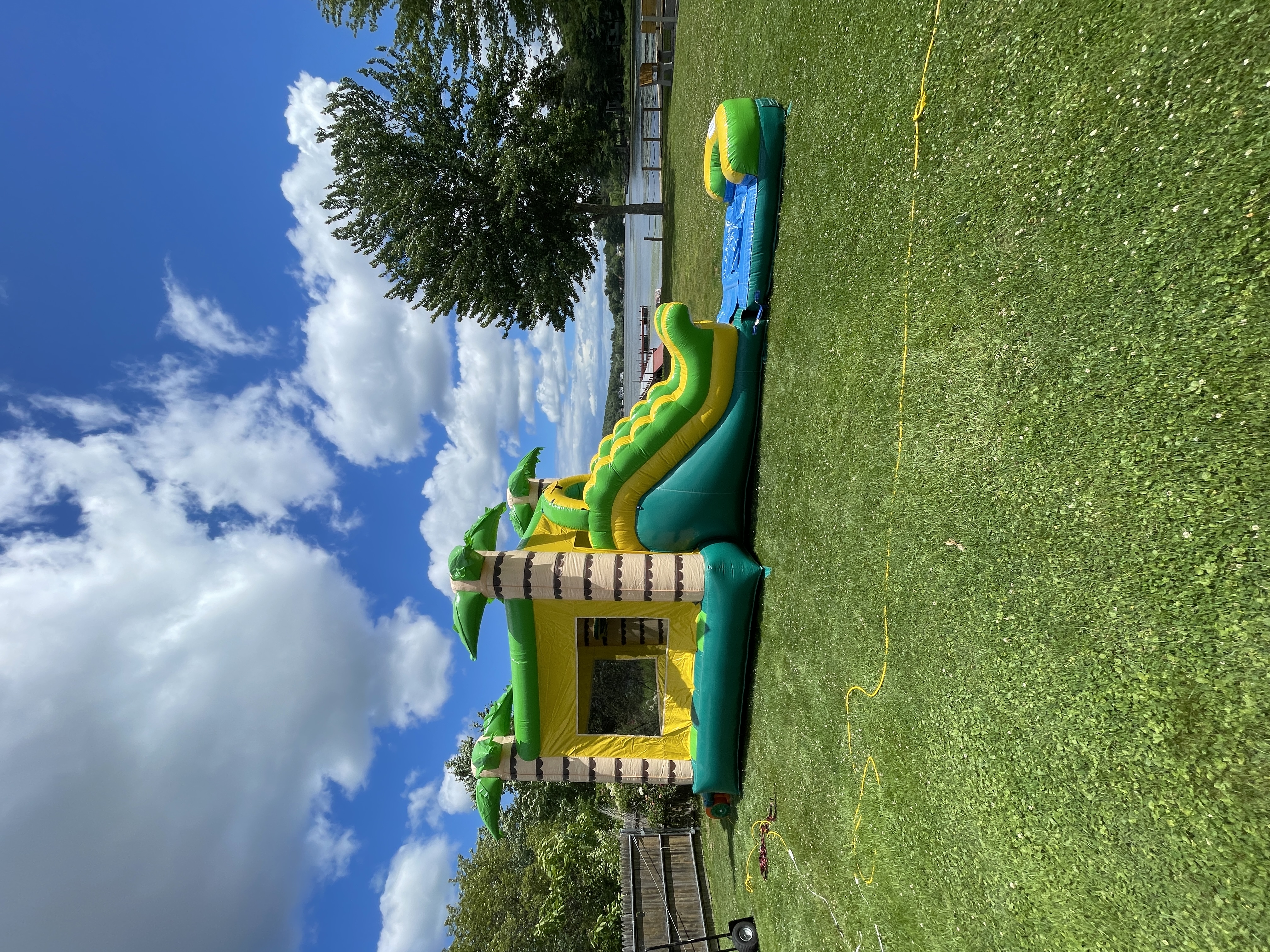 Jungle combo bounce house set up in a backyard