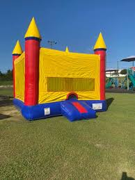 Modular bounce house set up in a backyard
